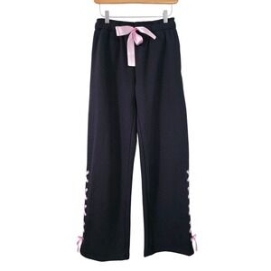 Hot Topic Black Pink Hearts Bow Lace Up Ribbon Sweat Pants XS Wide Leg Coquette